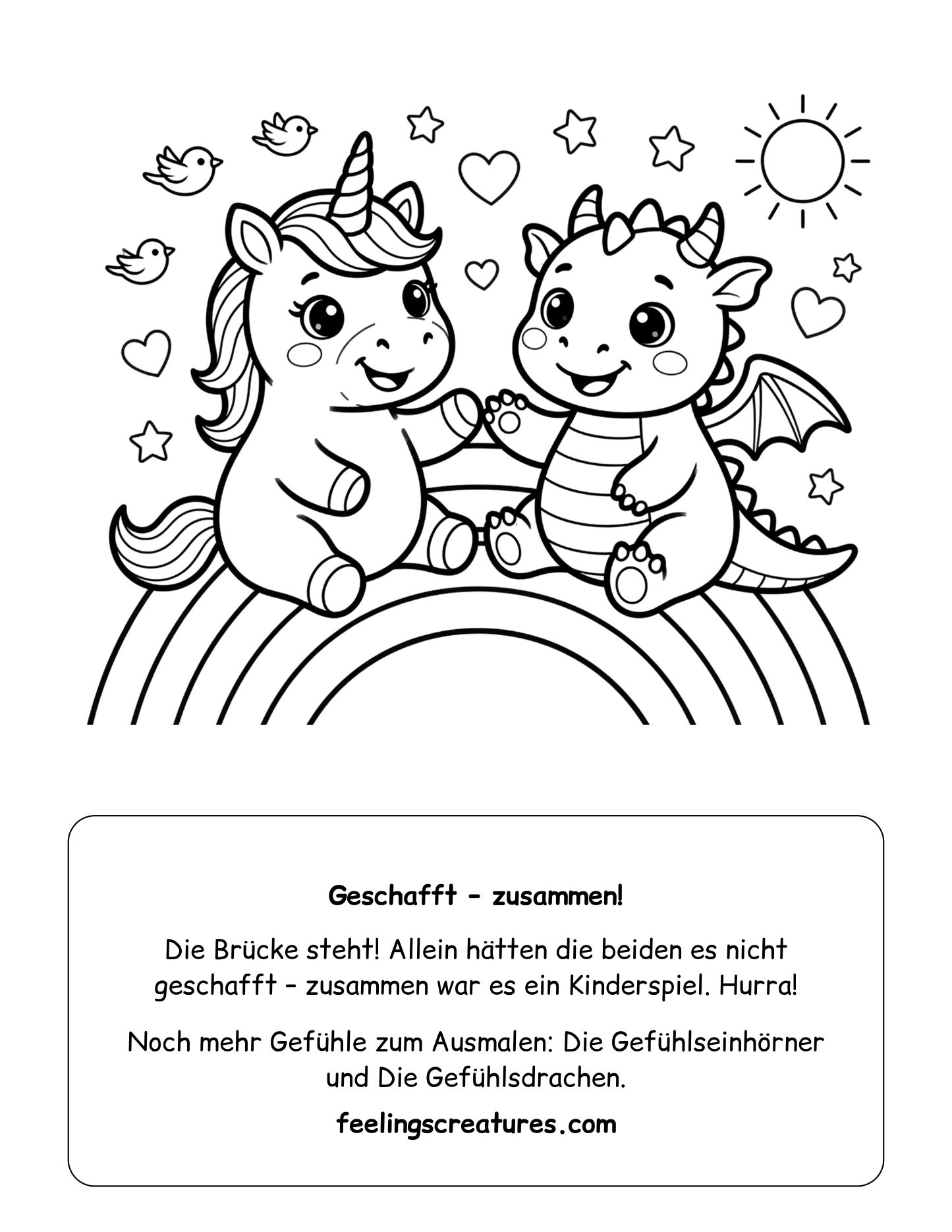 Vorschau: Einhorn und Drache sitzen Hand in Hand auf ihrer fertigen Regenbogenbrücke.