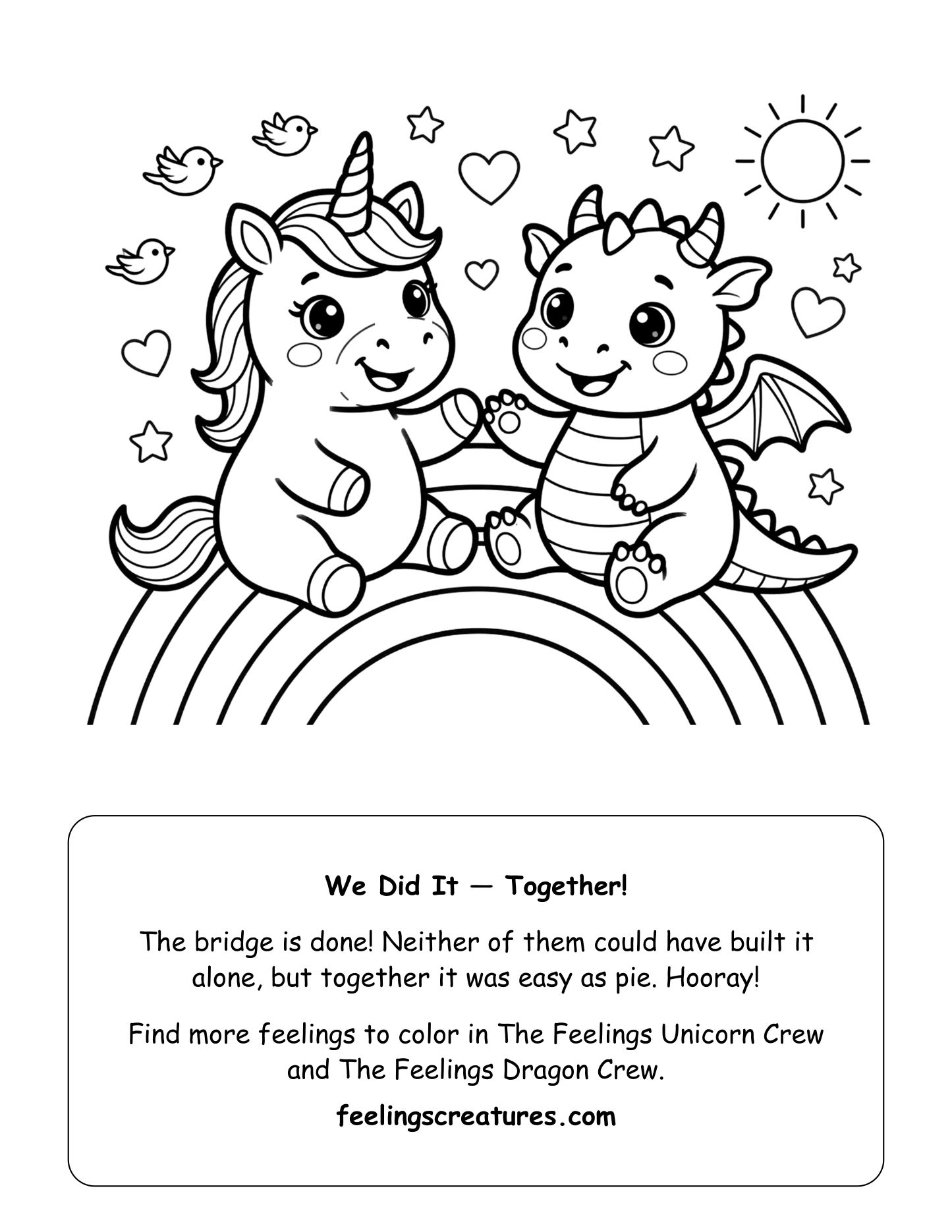 Preview: the unicorn and the dragon sitting hand in hand on top of their finished rainbow bridge.