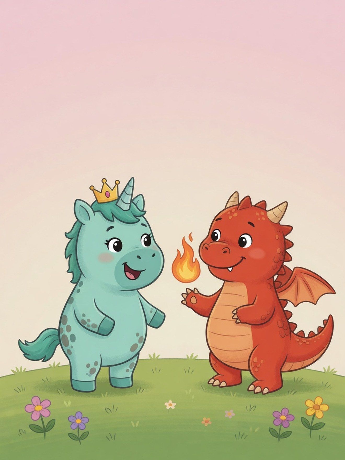 Vorschau auf das Mutmach-Malbuch: ein türkises Einhorn mit Krone und ein roter Drache mit kleiner Flamme auf einer Wiese.