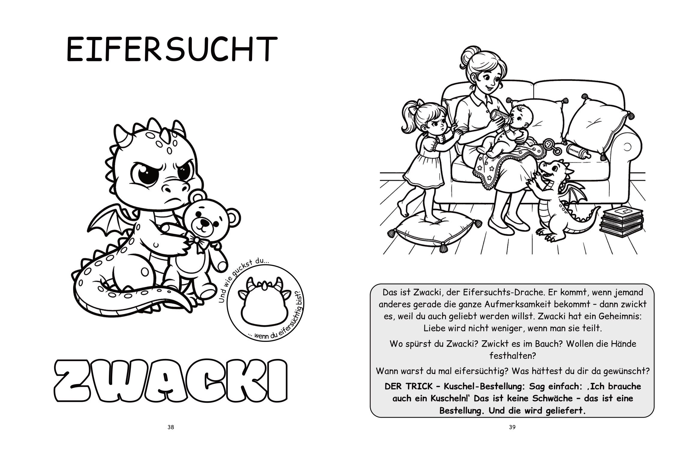 Doppelseite Eifersucht: links der Drache Zwacki, rechts eine Familienszene mit Vorlesetext, Fragen und dem Trick Kuschel-Bestellung.