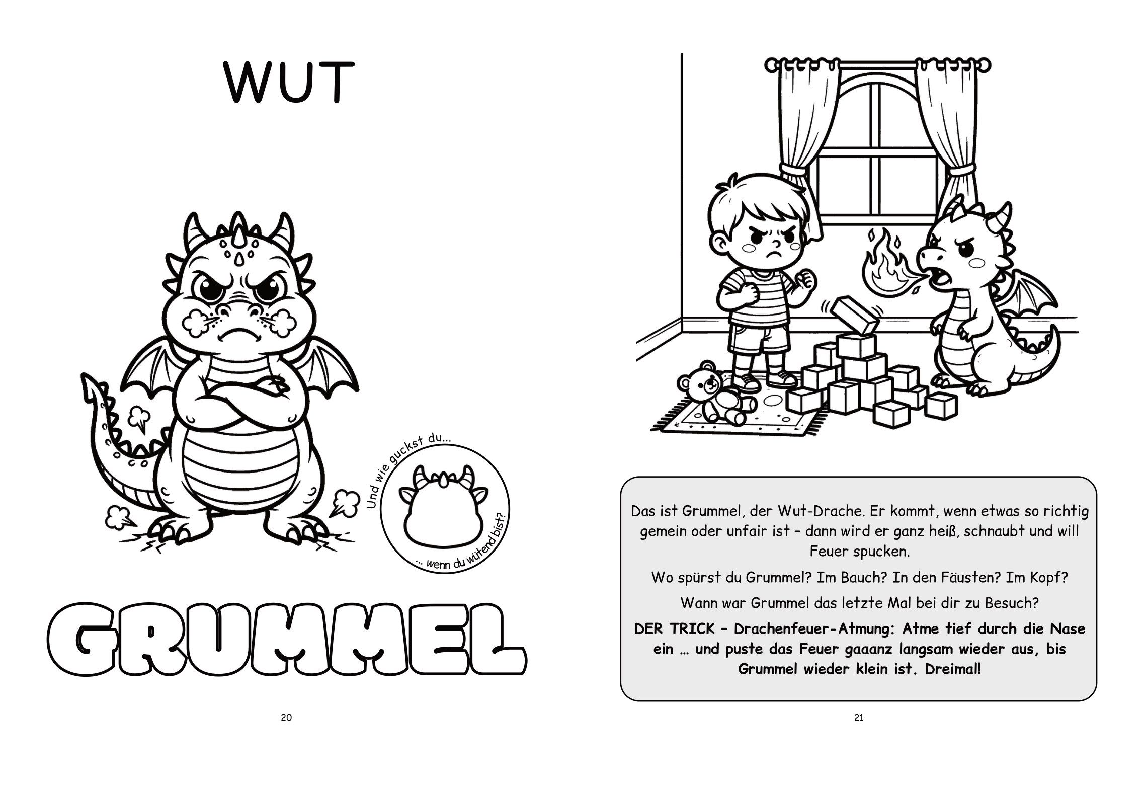 Doppelseite Wut: links der Drache Grummel mit verschränkten Armen, rechts ein Junge vor umgeworfenen Bauklötzen mit Vorlesetext, Fragen und dem Trick Drachenfeuer-Atmung.
