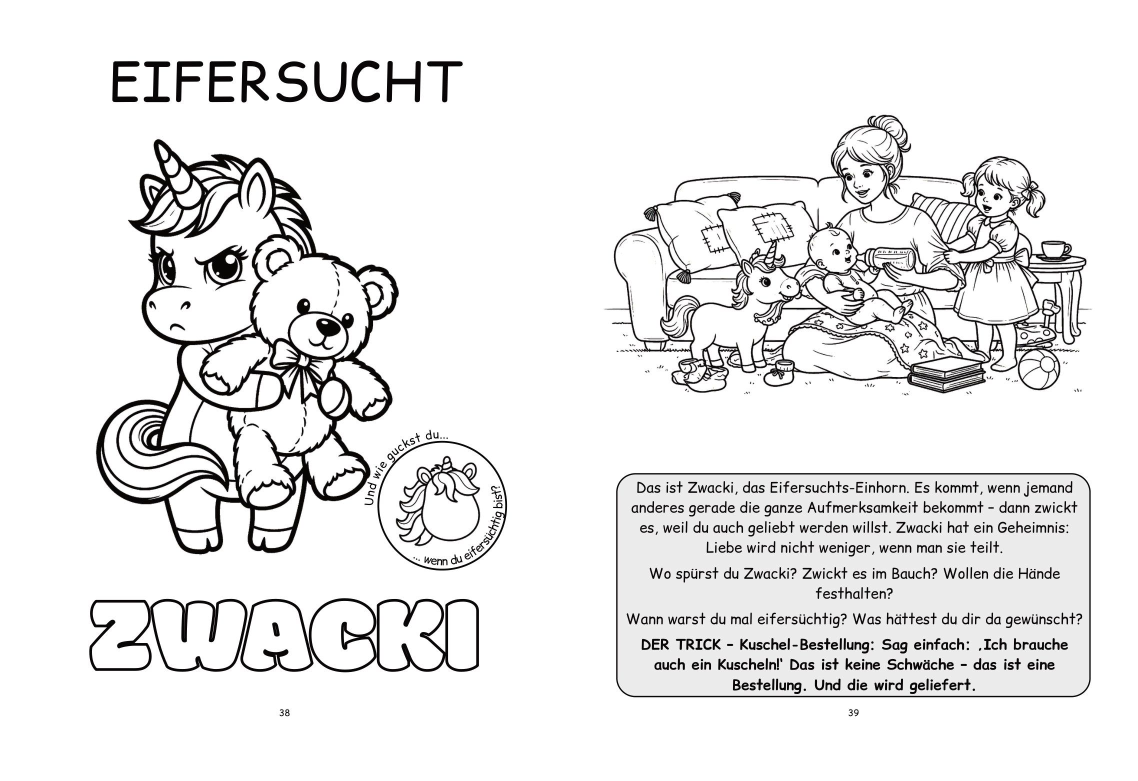 Doppelseite Eifersucht: links das Einhorn Zwacki mit Teddybär, rechts eine Szene mit Vorlesetext, Fragen und dem Trick Kuschel-Bestellung.