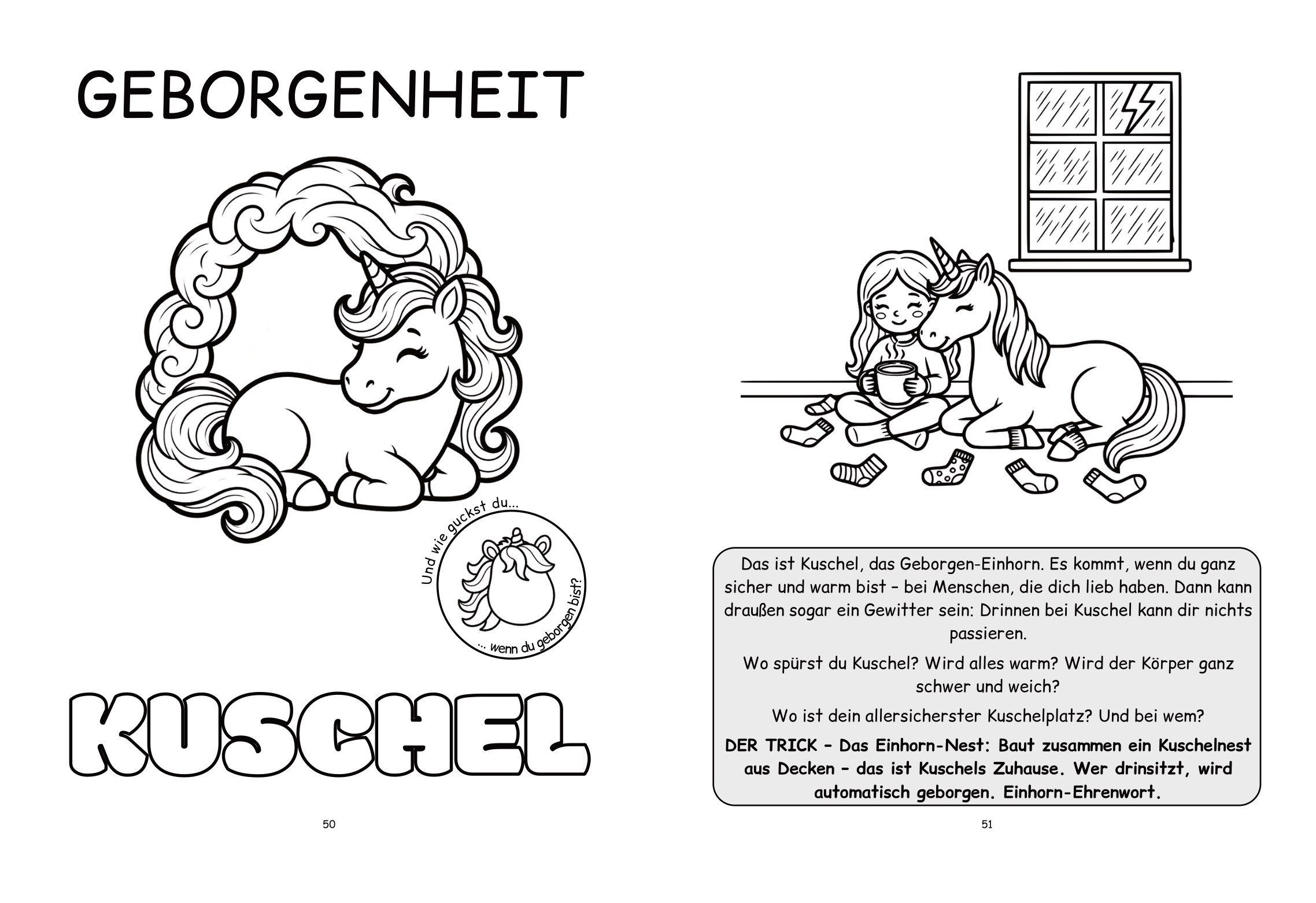 Doppelseite Geborgenheit: links das Einhorn Kuschel in seiner Mähne, rechts eine Familienszene mit Vorlesetext, Fragen und Trick.