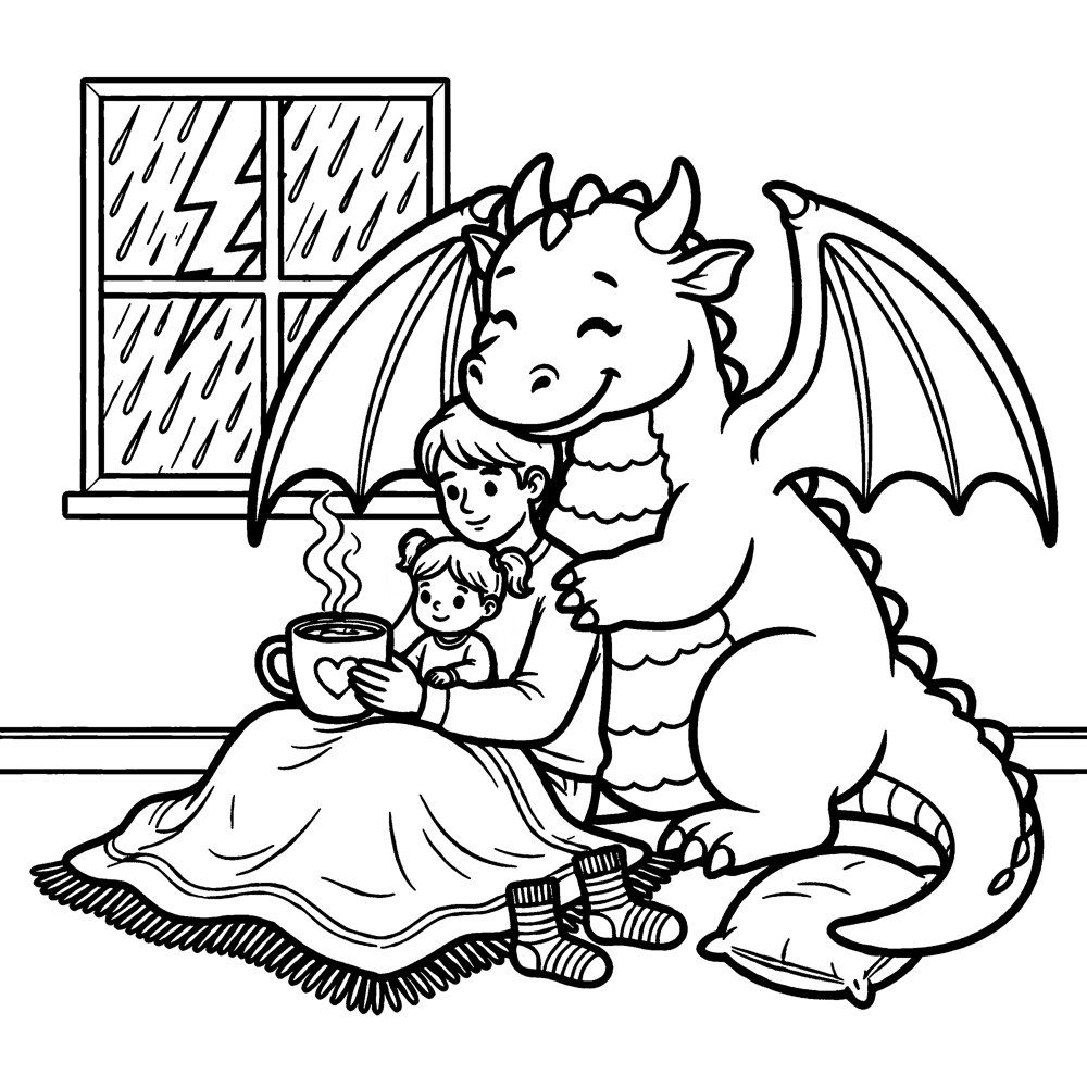 Coloring page from the book: the everyday scene for Feeling safe with Cuddles.