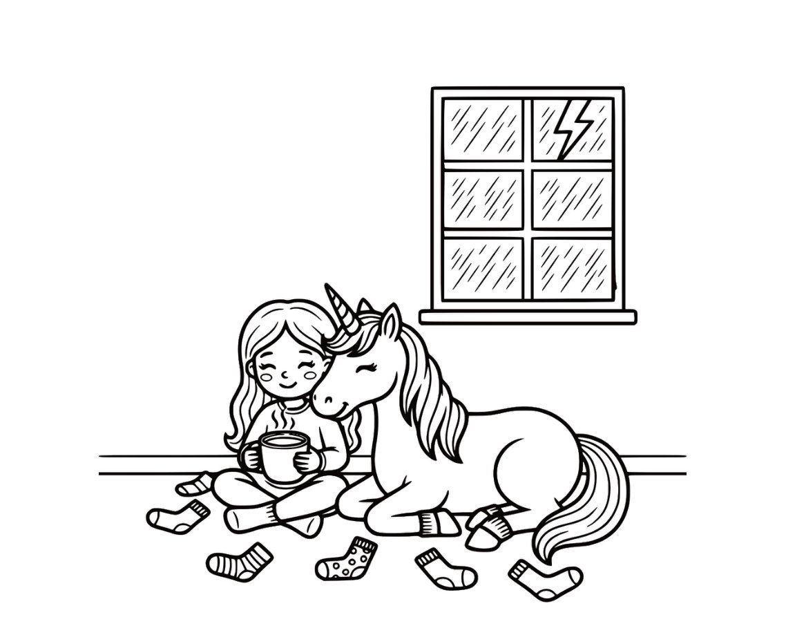 Coloring page from the book: the everyday scene for Feeling safe with Cuddles.