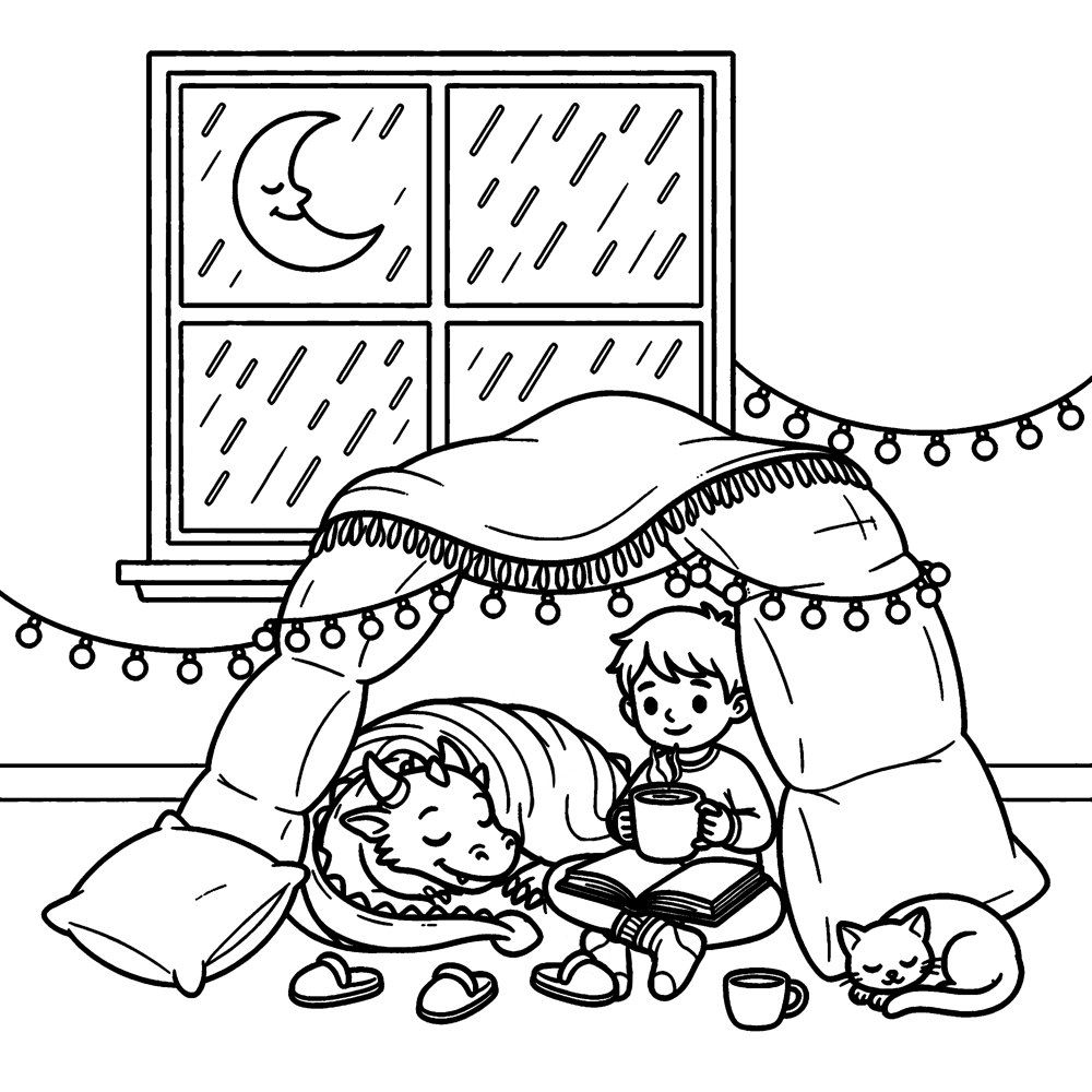 Coloring page from the book: the everyday scene for Coziness with Cozy.