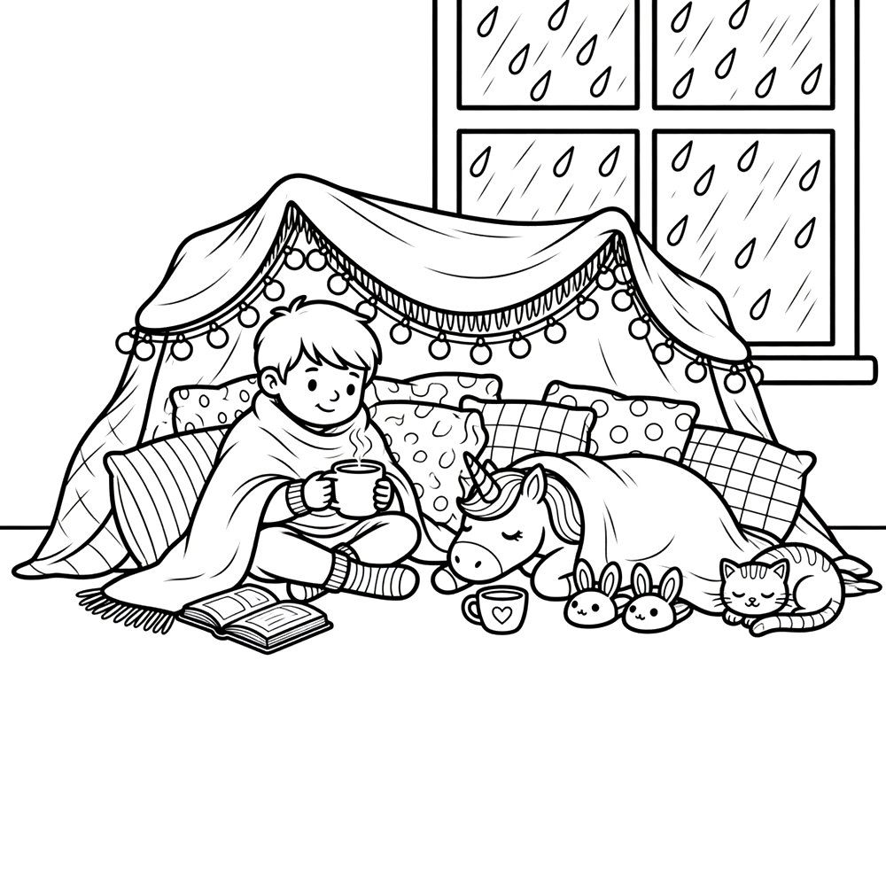 Coloring page from the book: the everyday scene for Coziness with Cozy.