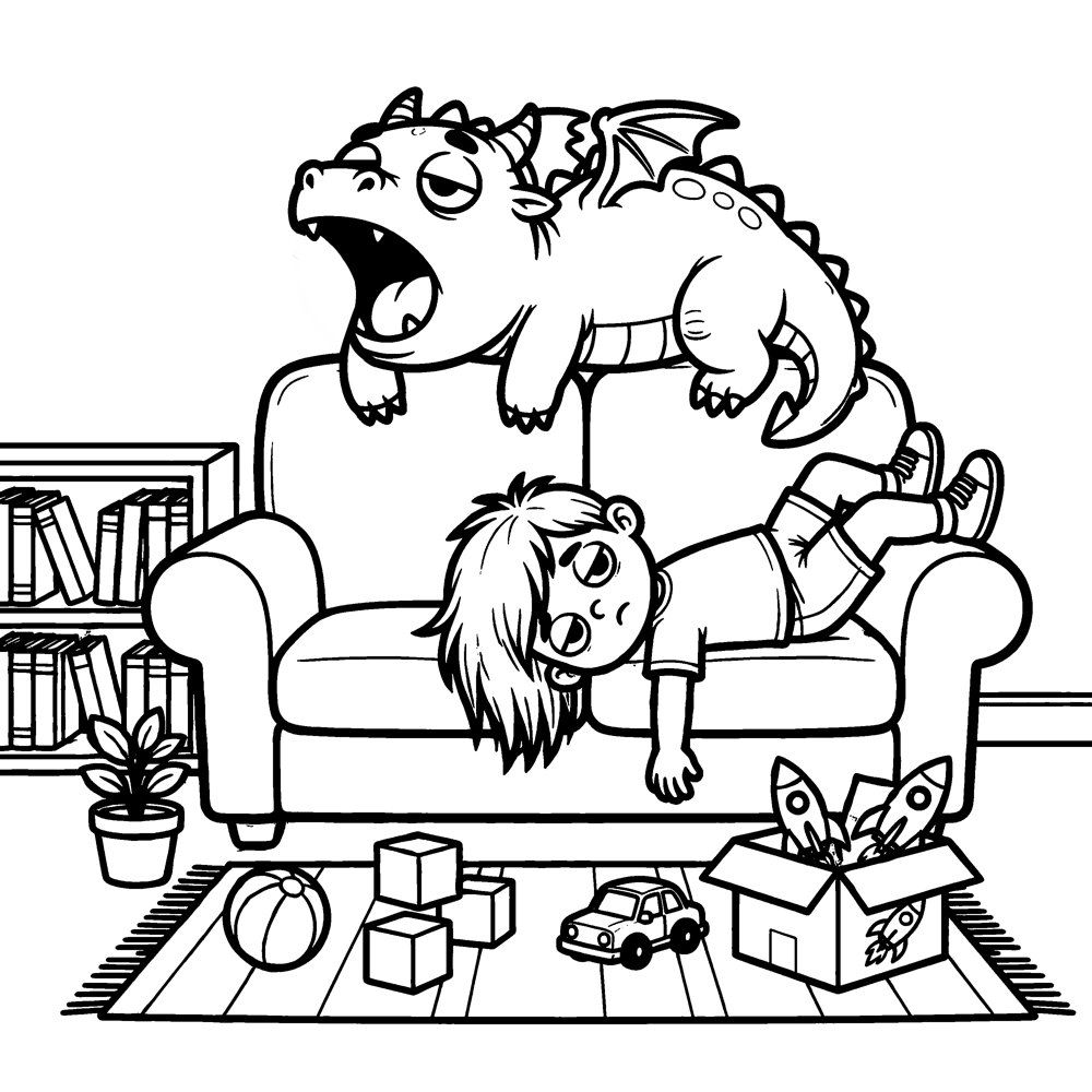 Coloring page from the book: the everyday scene for Boredom with Yawny.