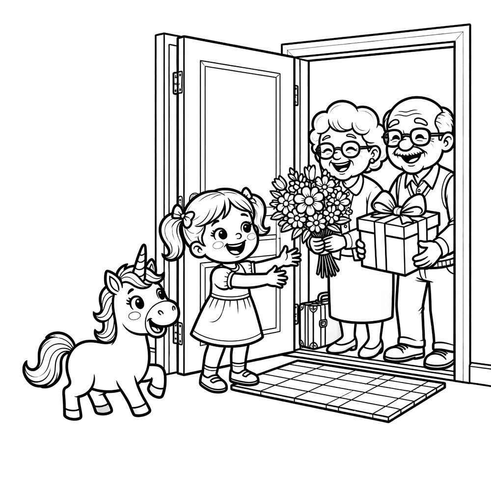 Coloring page from the book: the everyday scene for Surprise with Pop.