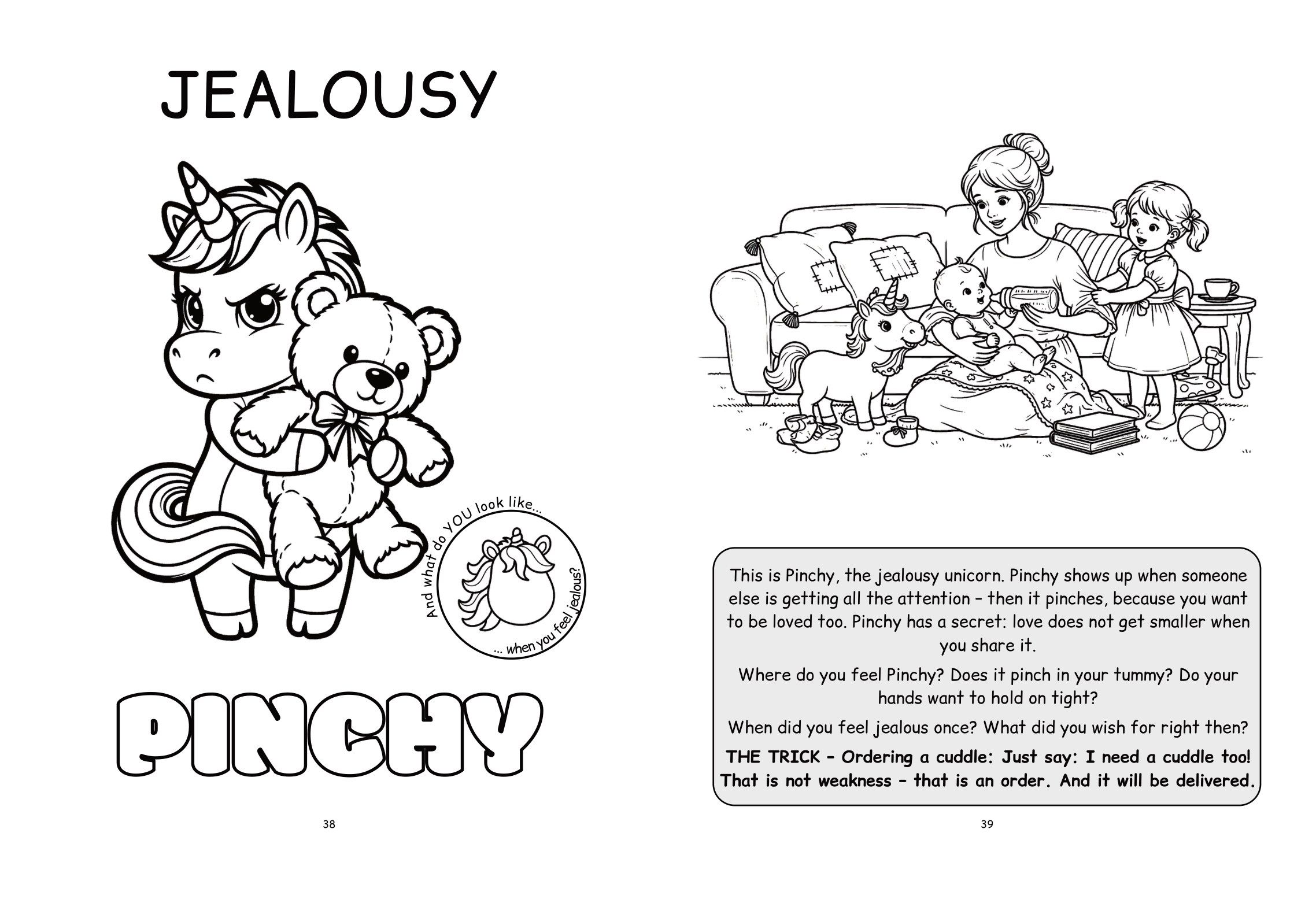 Jealousy double page: on the left Pinchy the unicorn hugging a teddy bear, on the right a family scene with read-aloud text, questions and the Ordering a cuddle trick.