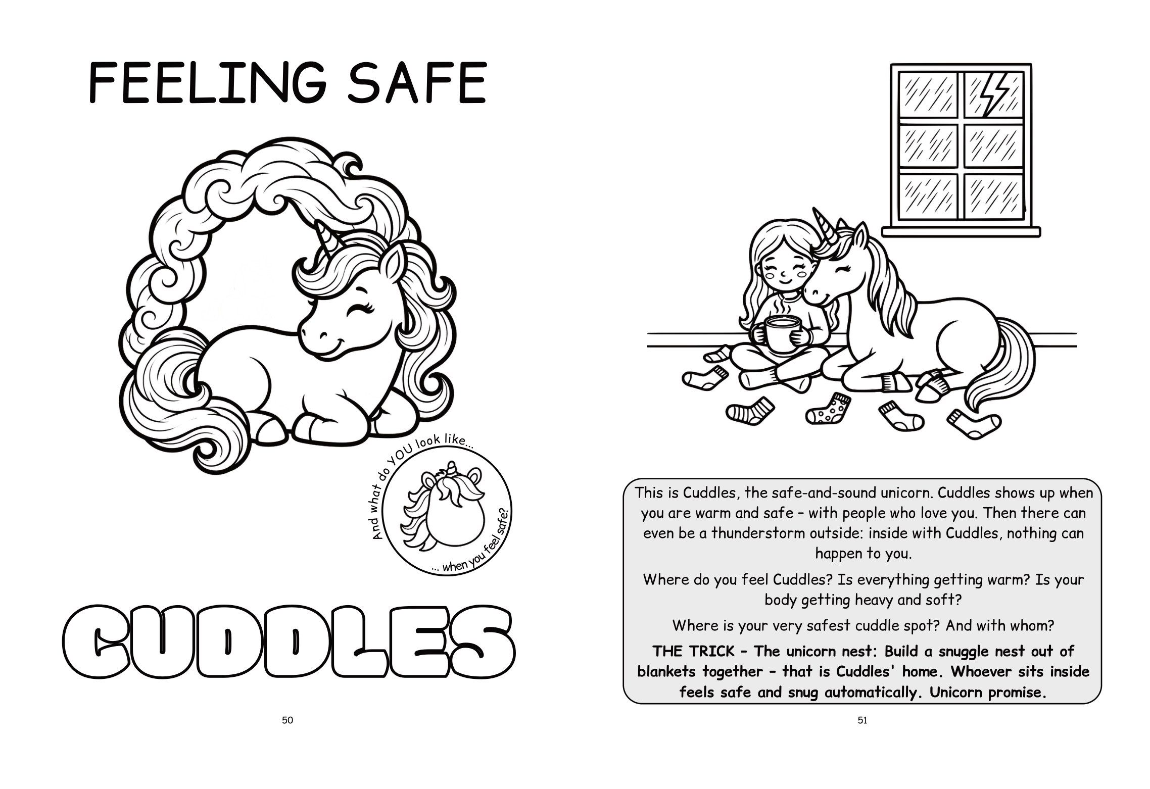 Feeling safe double page: on the left Cuddles the unicorn curled up in its mane, on the right a family scene with read-aloud text, questions and a trick.